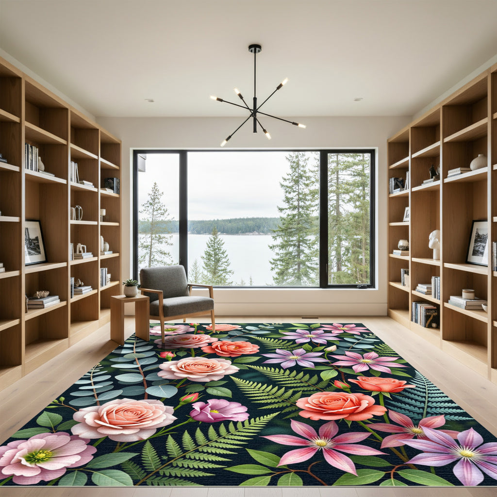 Coral Pink Rose Garden Floral Rug