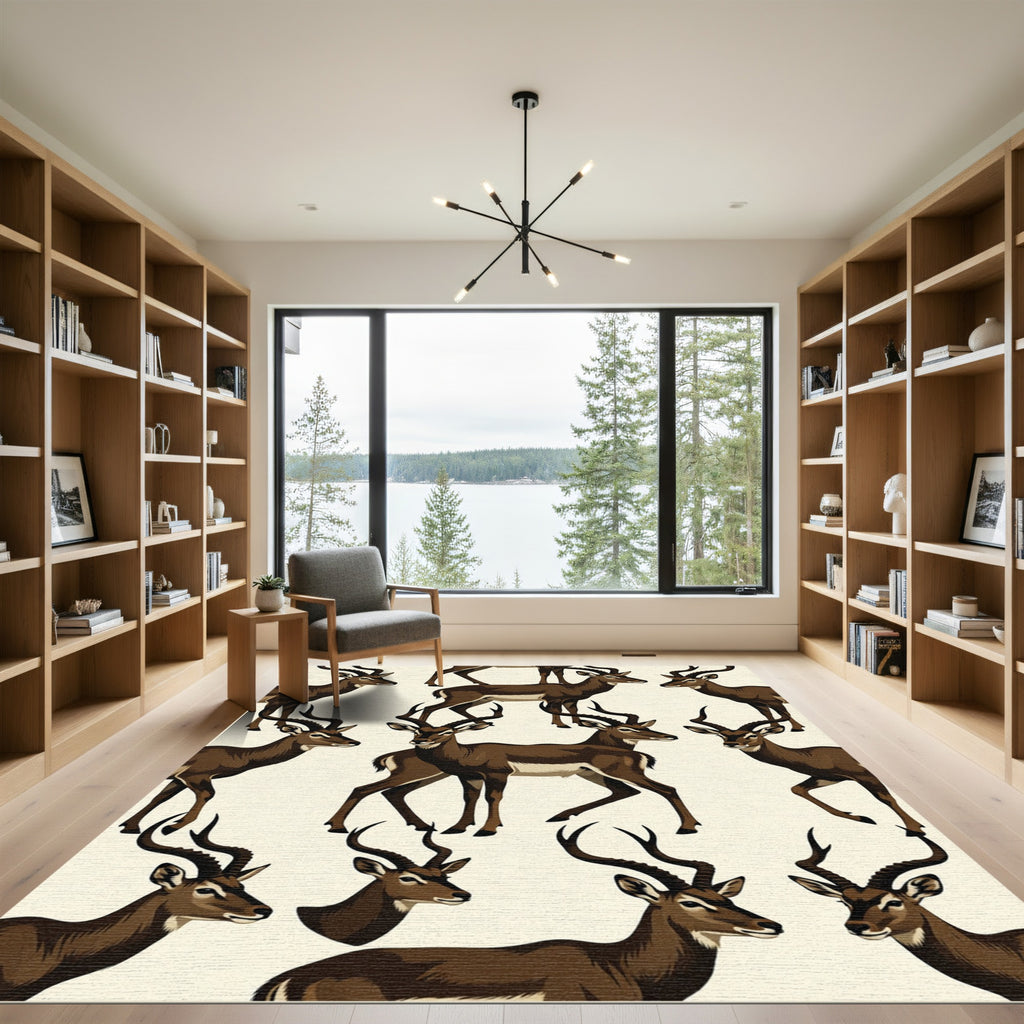 Mid-Century Brown Antelope Graphic Illustration Rug