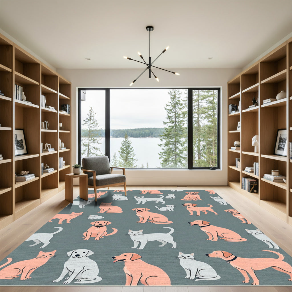 Playful Minimalist Cats and Dogs Illustration Rug
