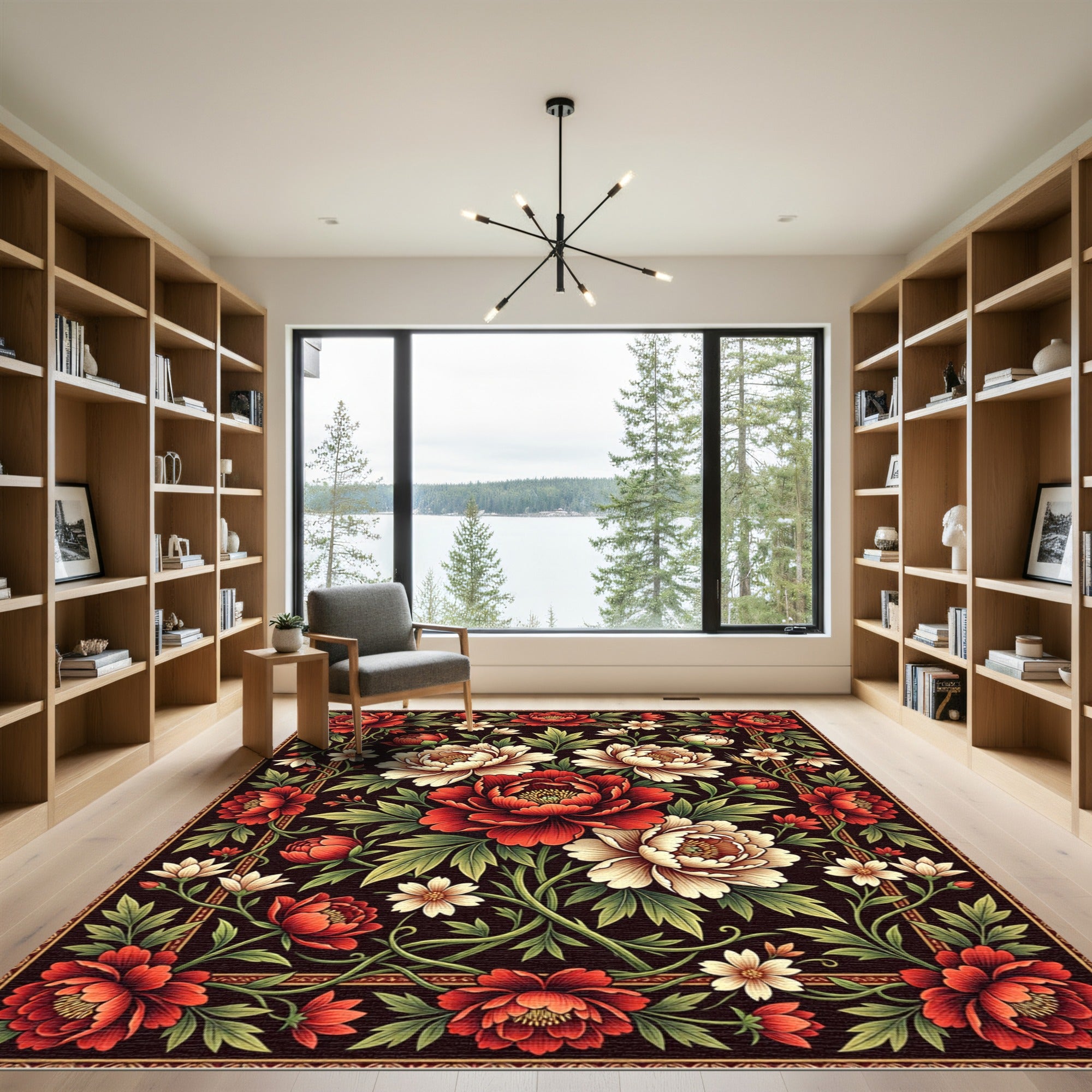 Rich Crimson and Cream Floral Vines Rug