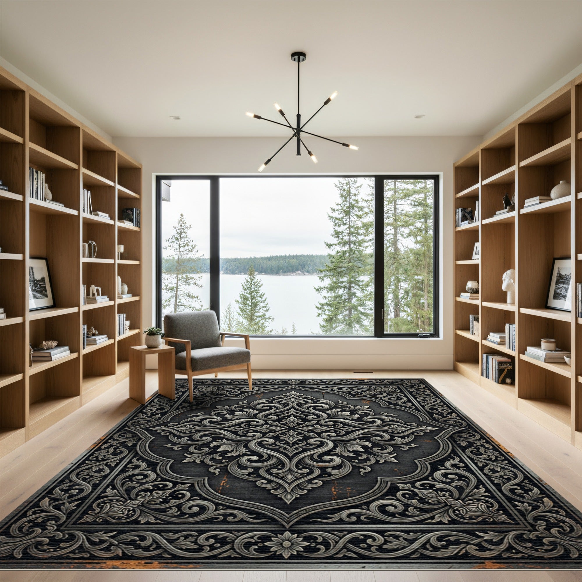 Ornate Charcoal Monochromatic Floral Filigree Rug