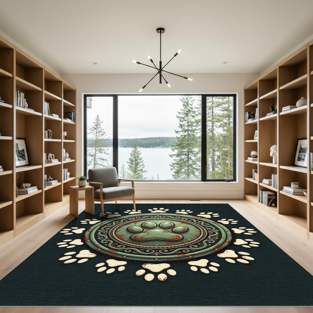 Rustic Green Paw Medallion Emblem Rug