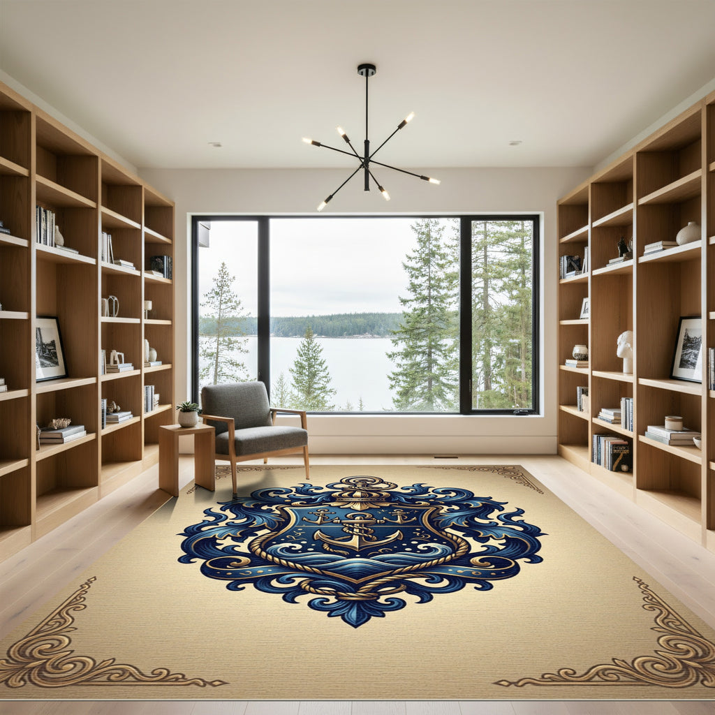 Elegant Navy Blue Nautical Anchor Crest Rug