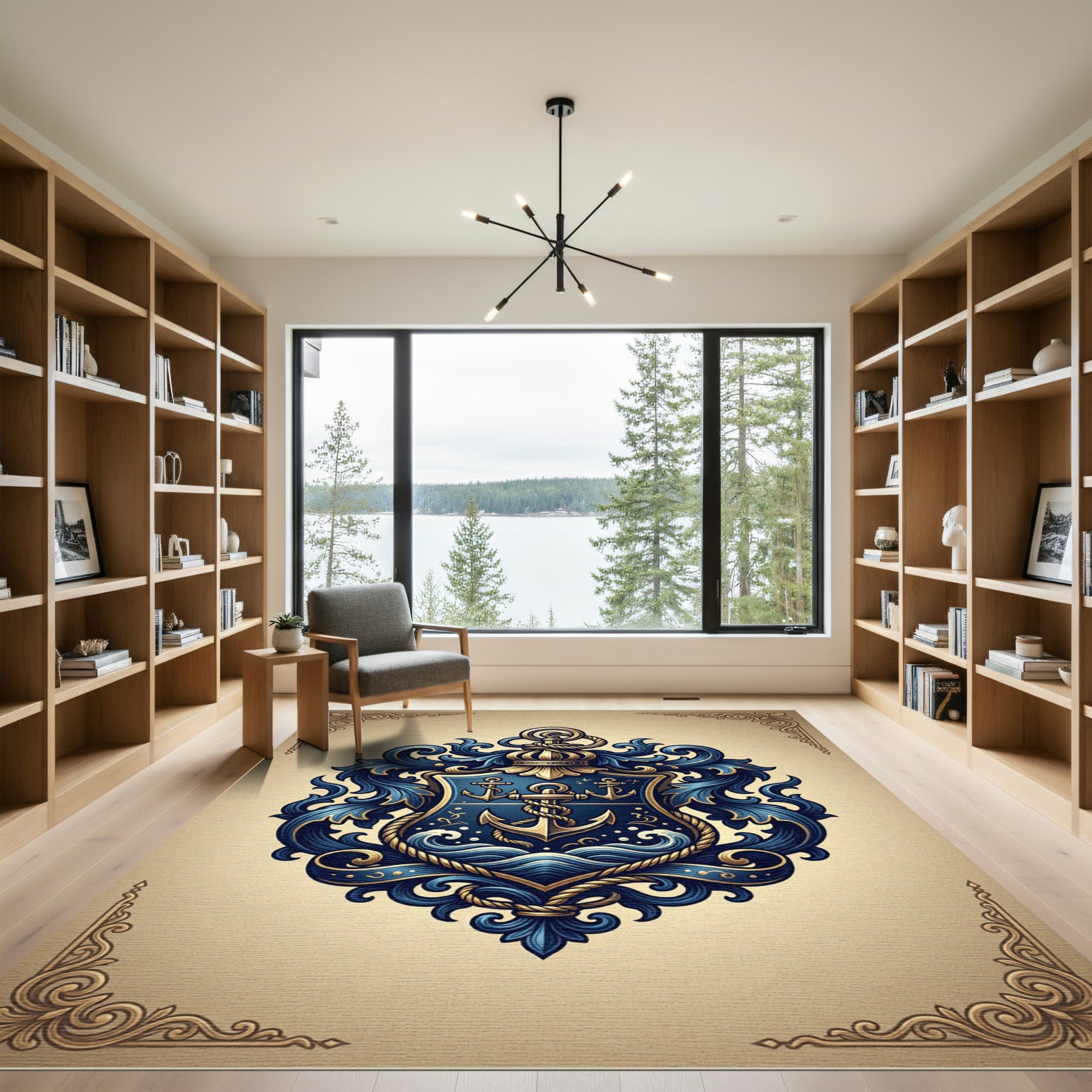 Elegant Navy Blue Nautical Anchor Crest Rug
