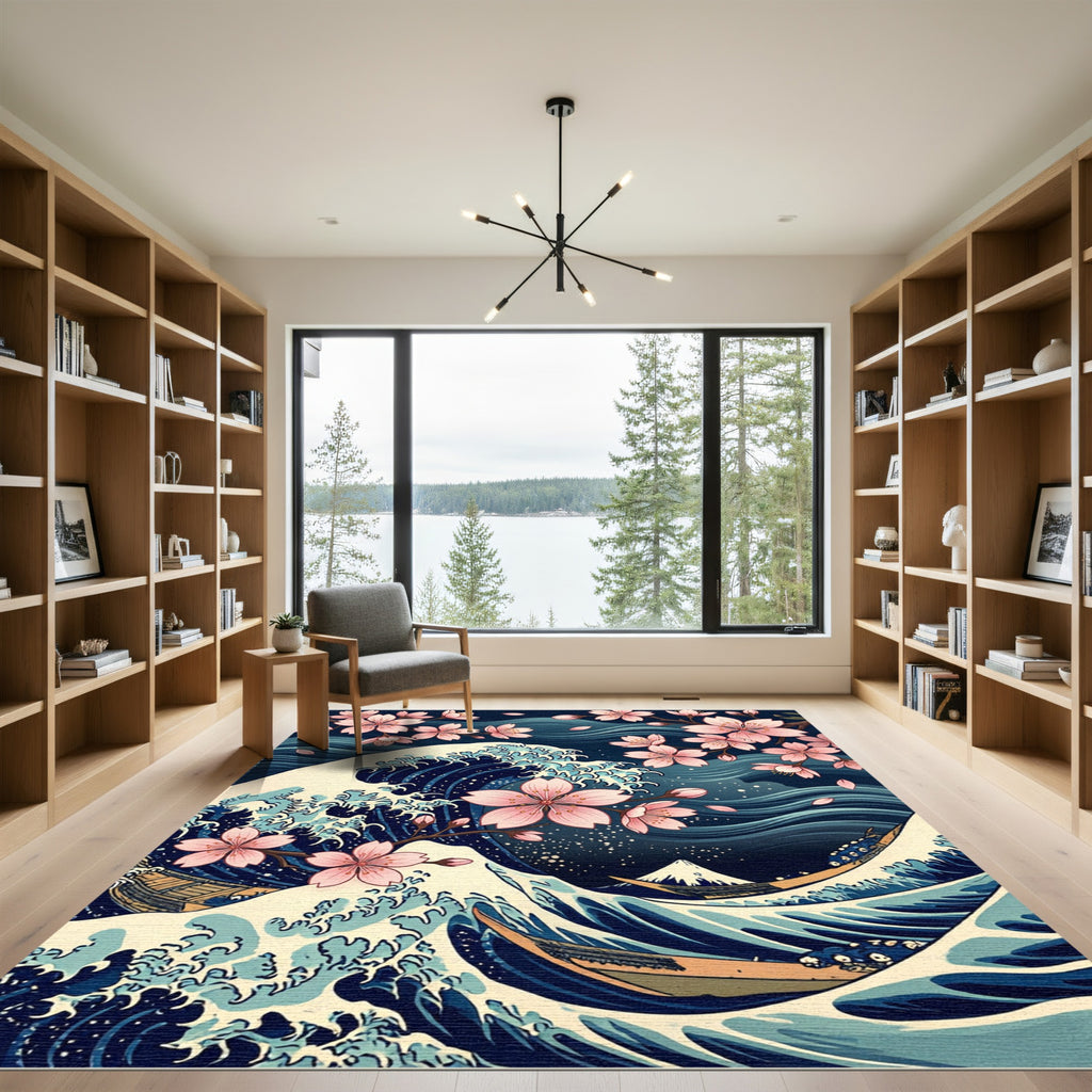 Great Wave Cherry Blossom Navy Art Rug