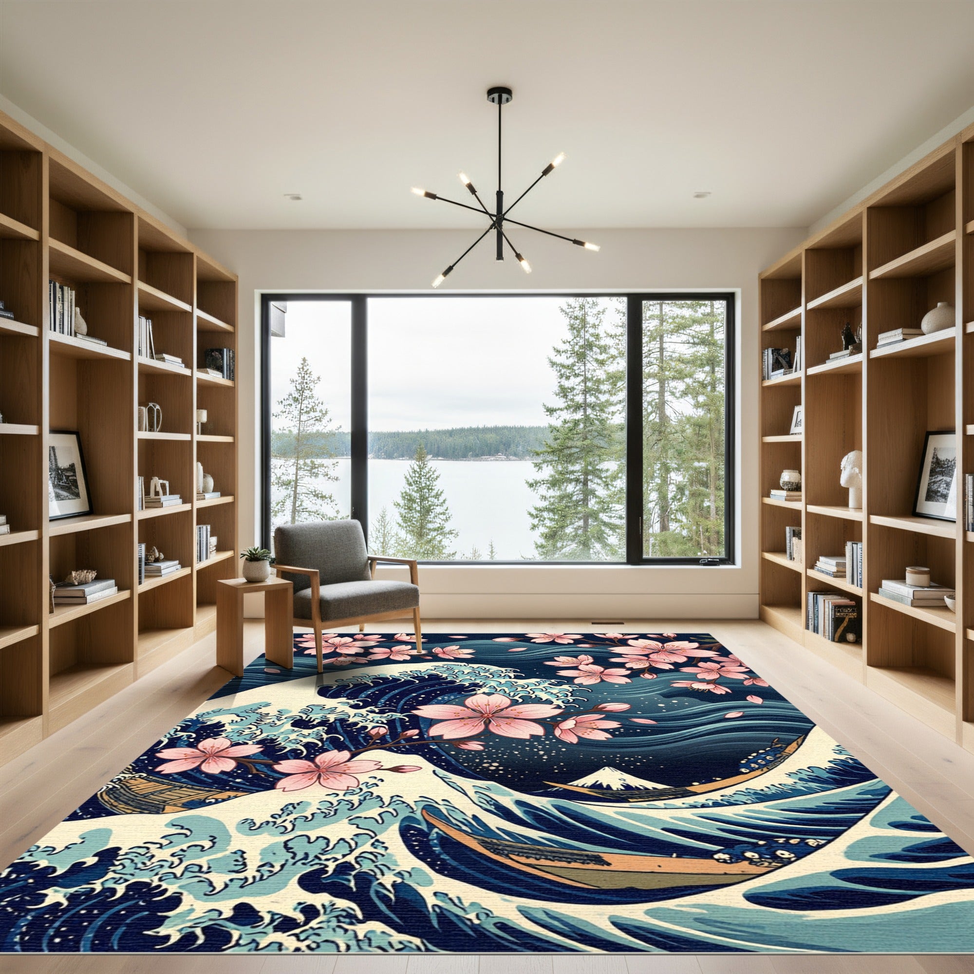 Great Wave Cherry Blossom Navy Art Rug