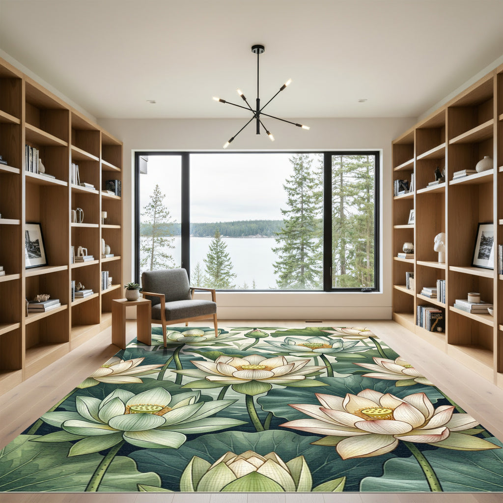 Elegant Botanical Lotus Watercolor Serene Rug