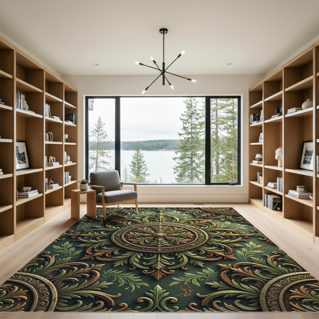 Elegant Olive Green Filigree Medallion Rug