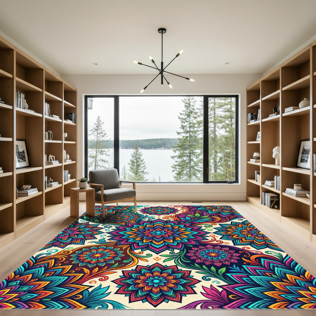 Vibrant Colorful Mandala Floral Composition Rug