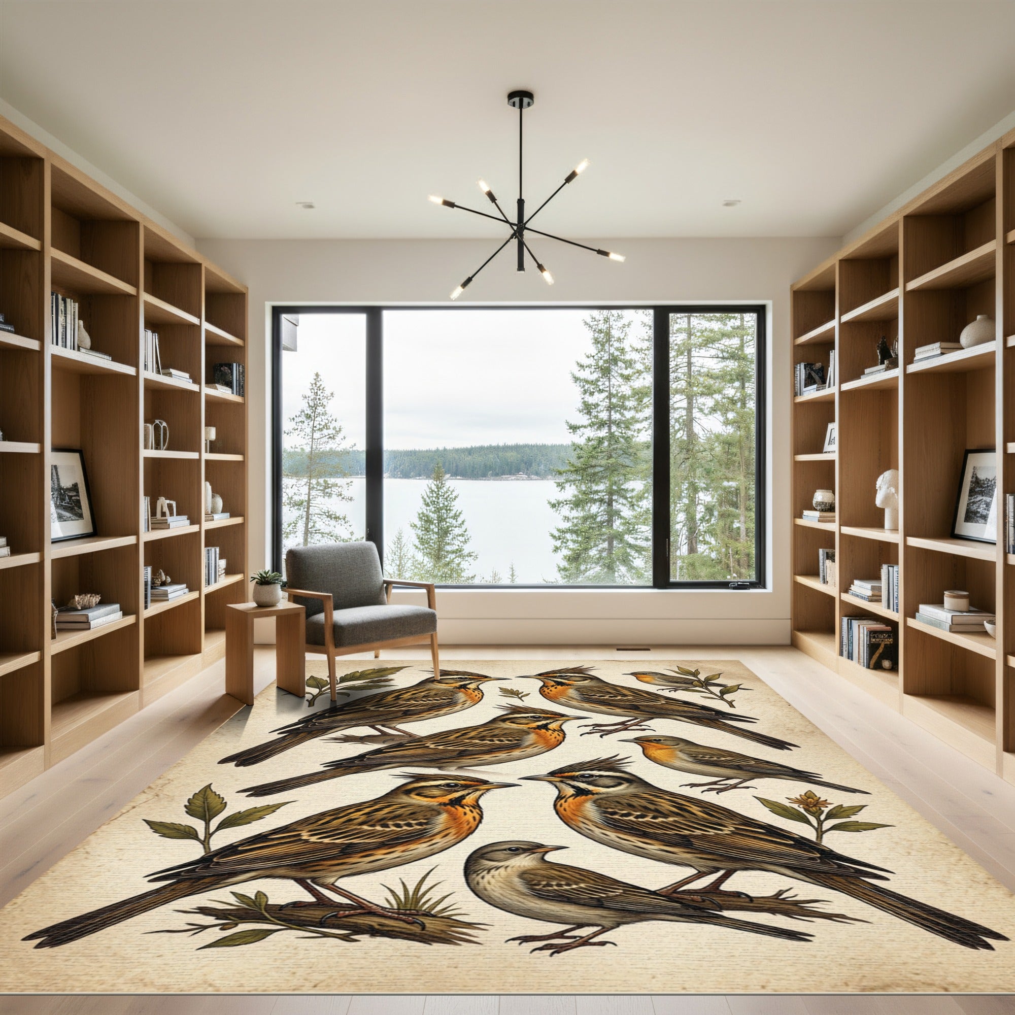 Vintage Botanical Crested Songbird Illustration Rug
