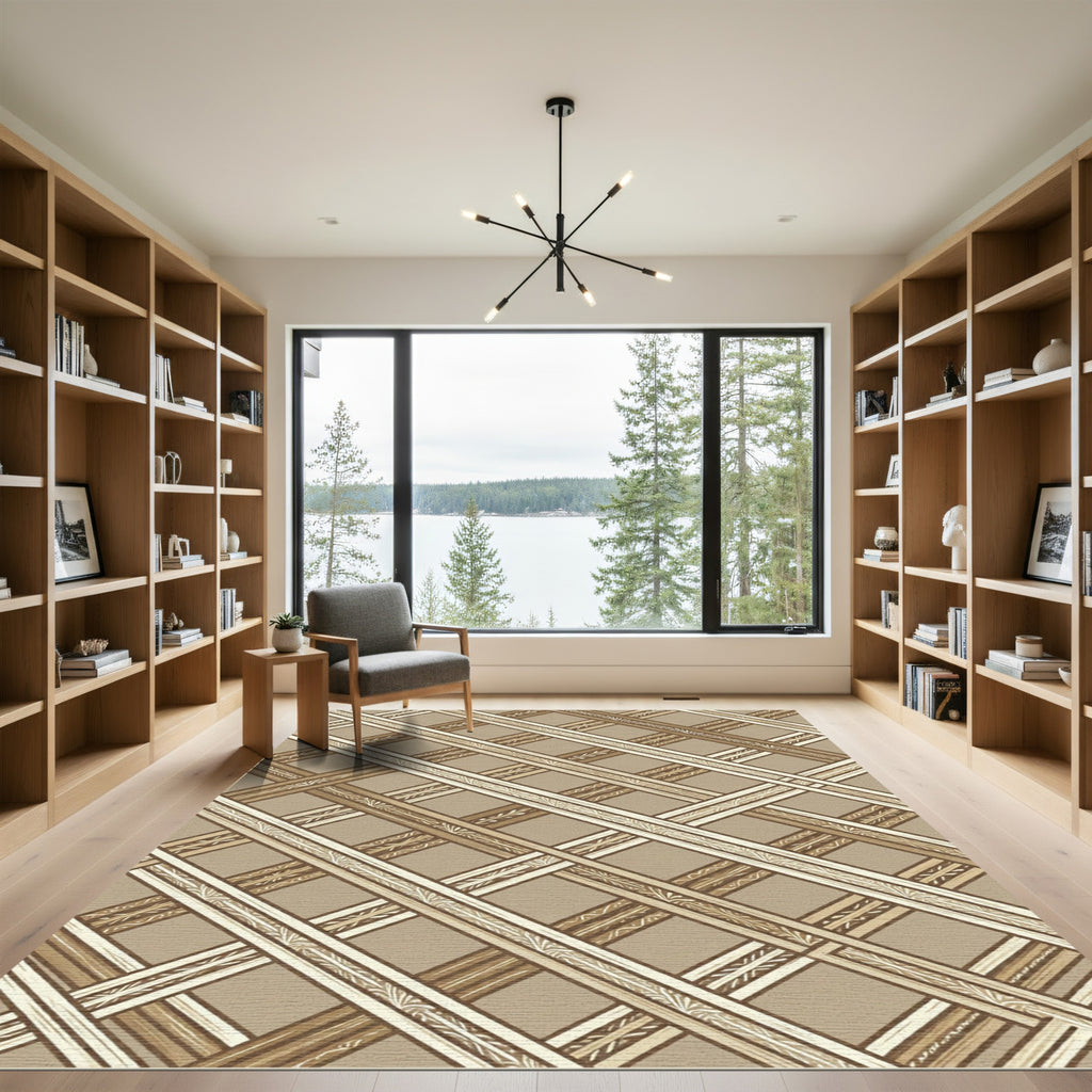 Beige Lattice Grid Textured Plaid Rug