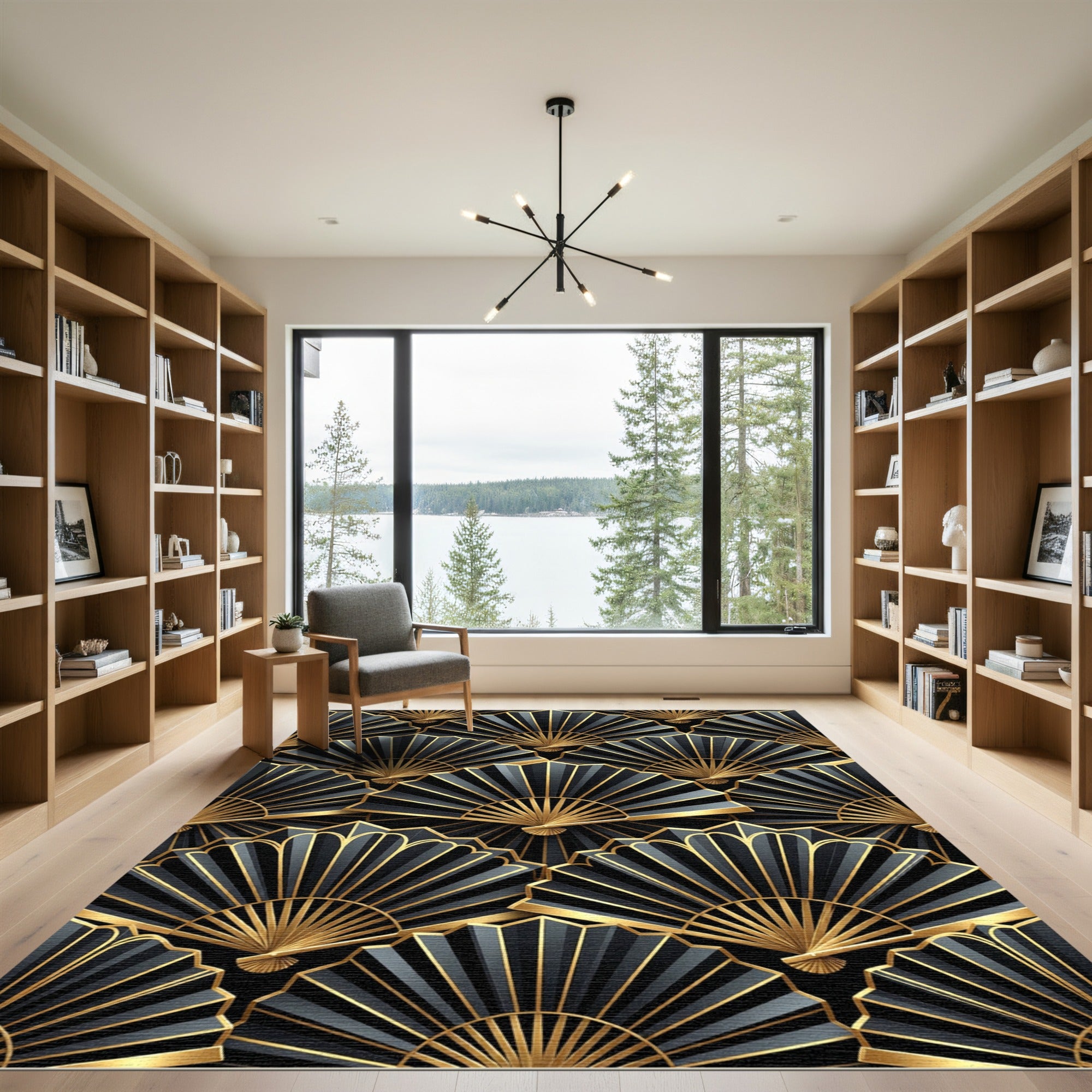 Elegant Gold and Black Fan Art Rug