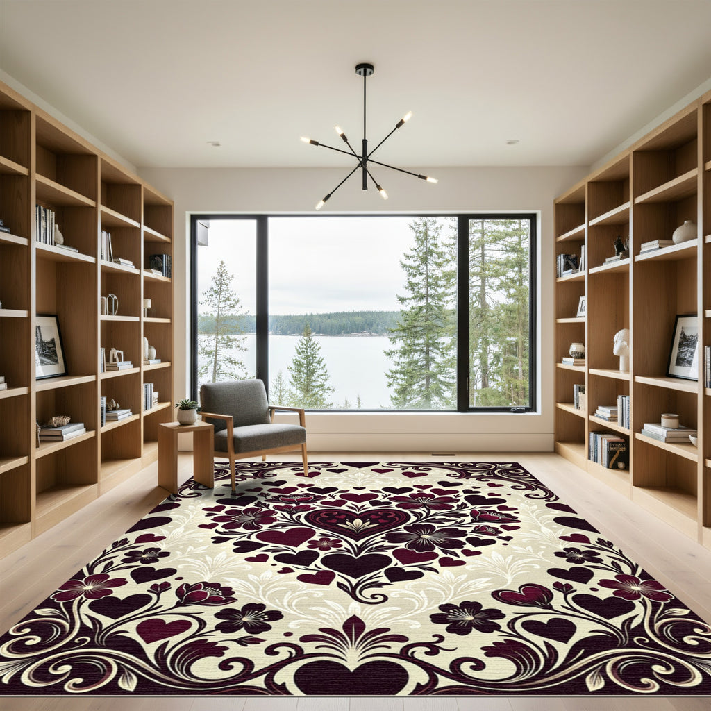 Crimson Heart Floral Scrollwork Border Rug