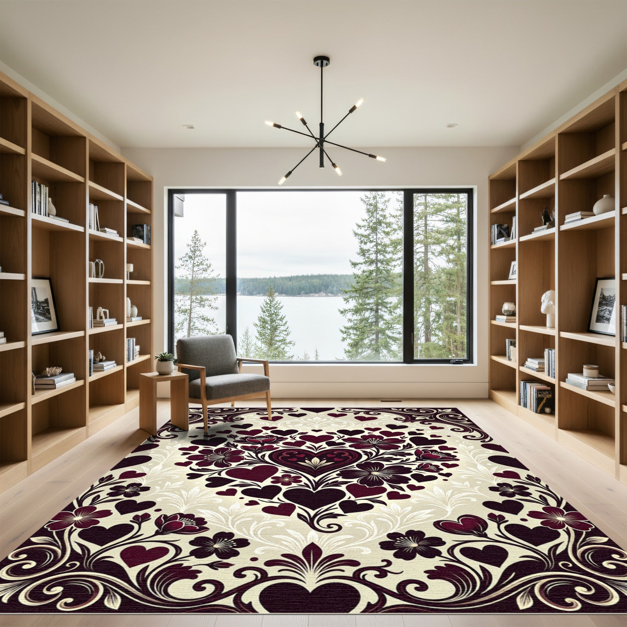 Crimson Heart Floral Scrollwork Border Rug
