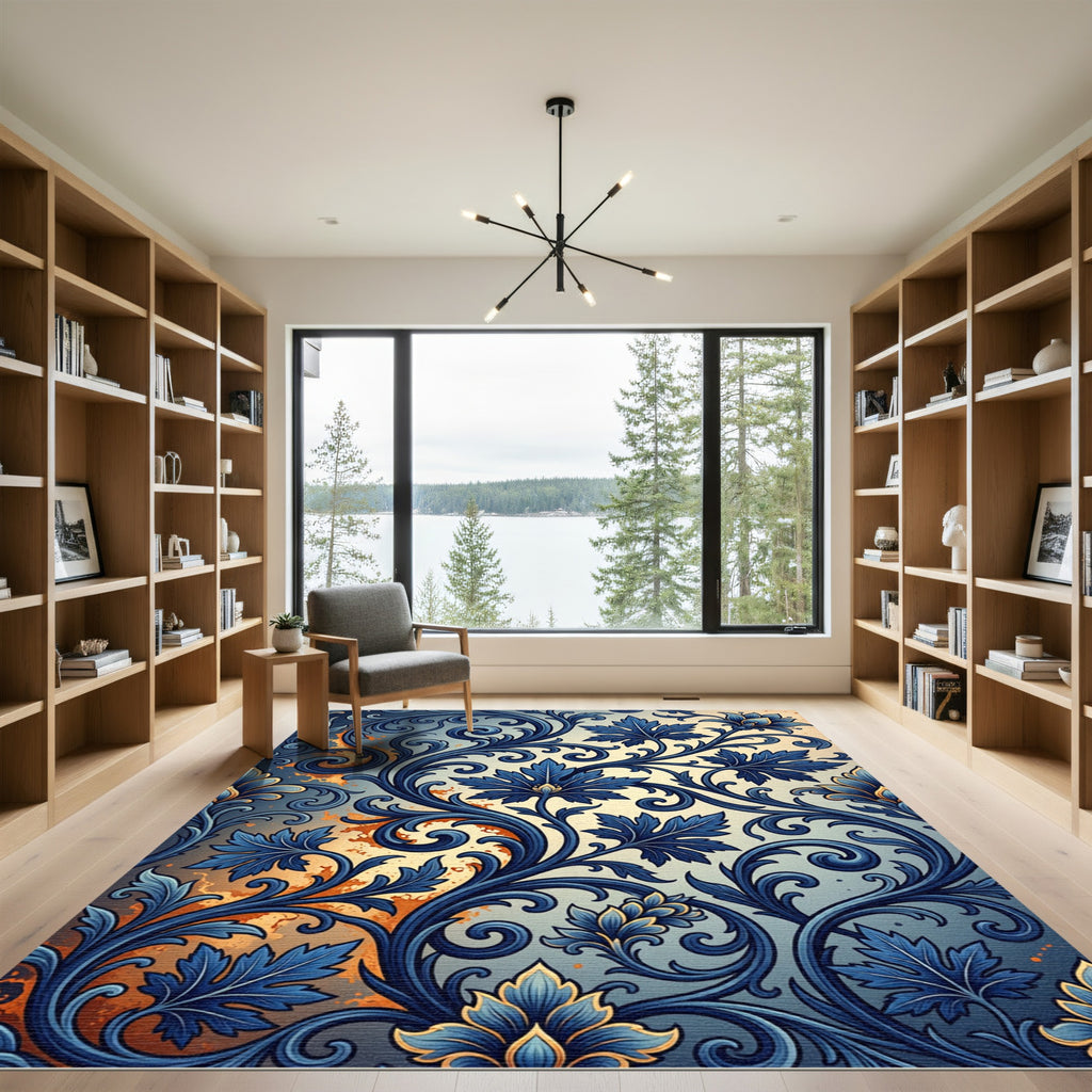 Elegant Navy Blue Swirling Floral Foliage Rug