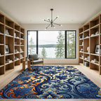 Elegant Navy Blue Swirling Floral Foliage Rug