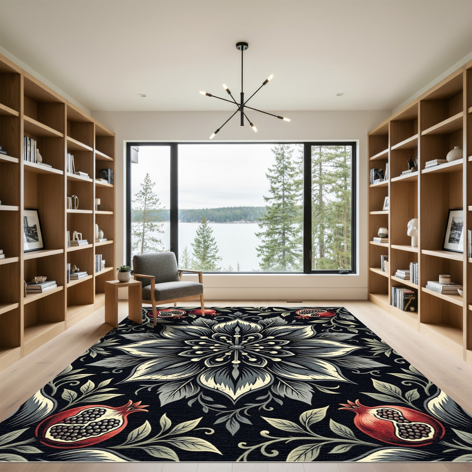 Monochrome Floral Pomegranate Medallion Rug