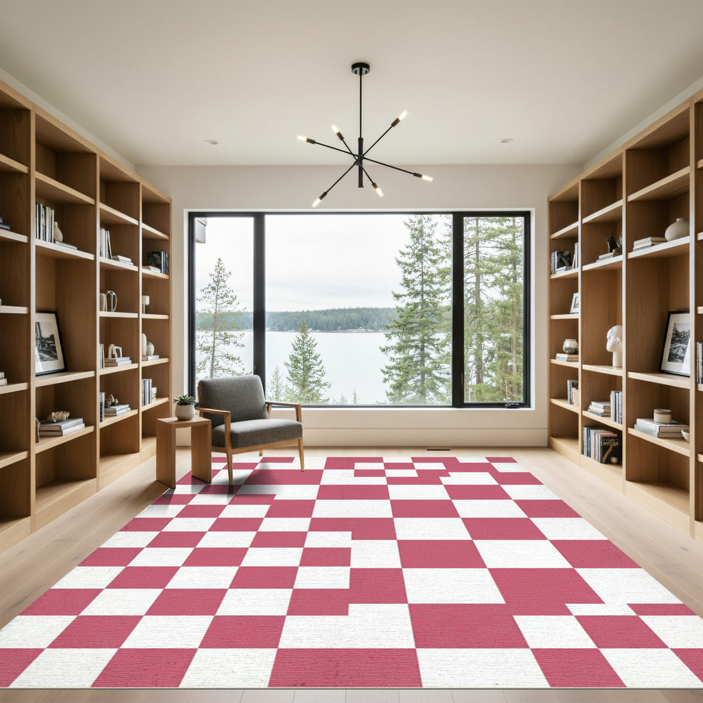 Modern Pink and White Geometric Checkerboard Rug