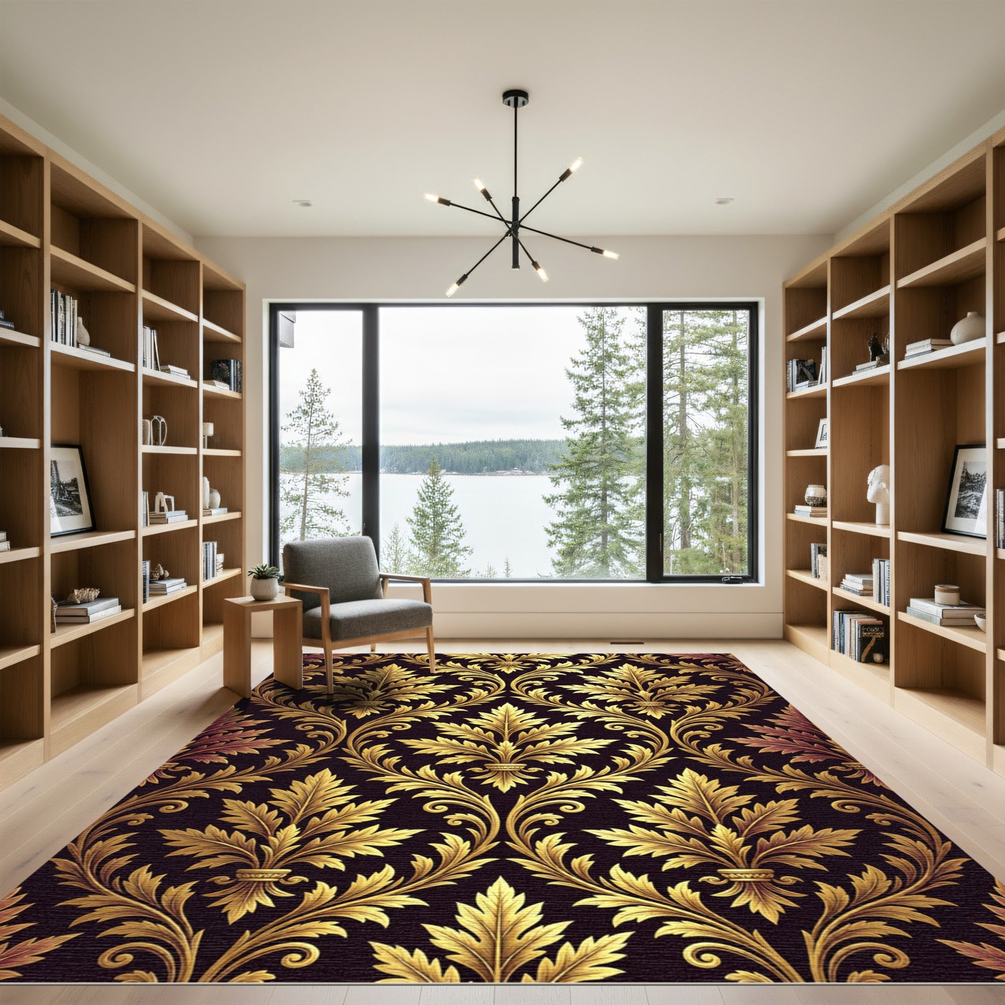 Ornate Golden Acanthus Leaf Scroll Rug