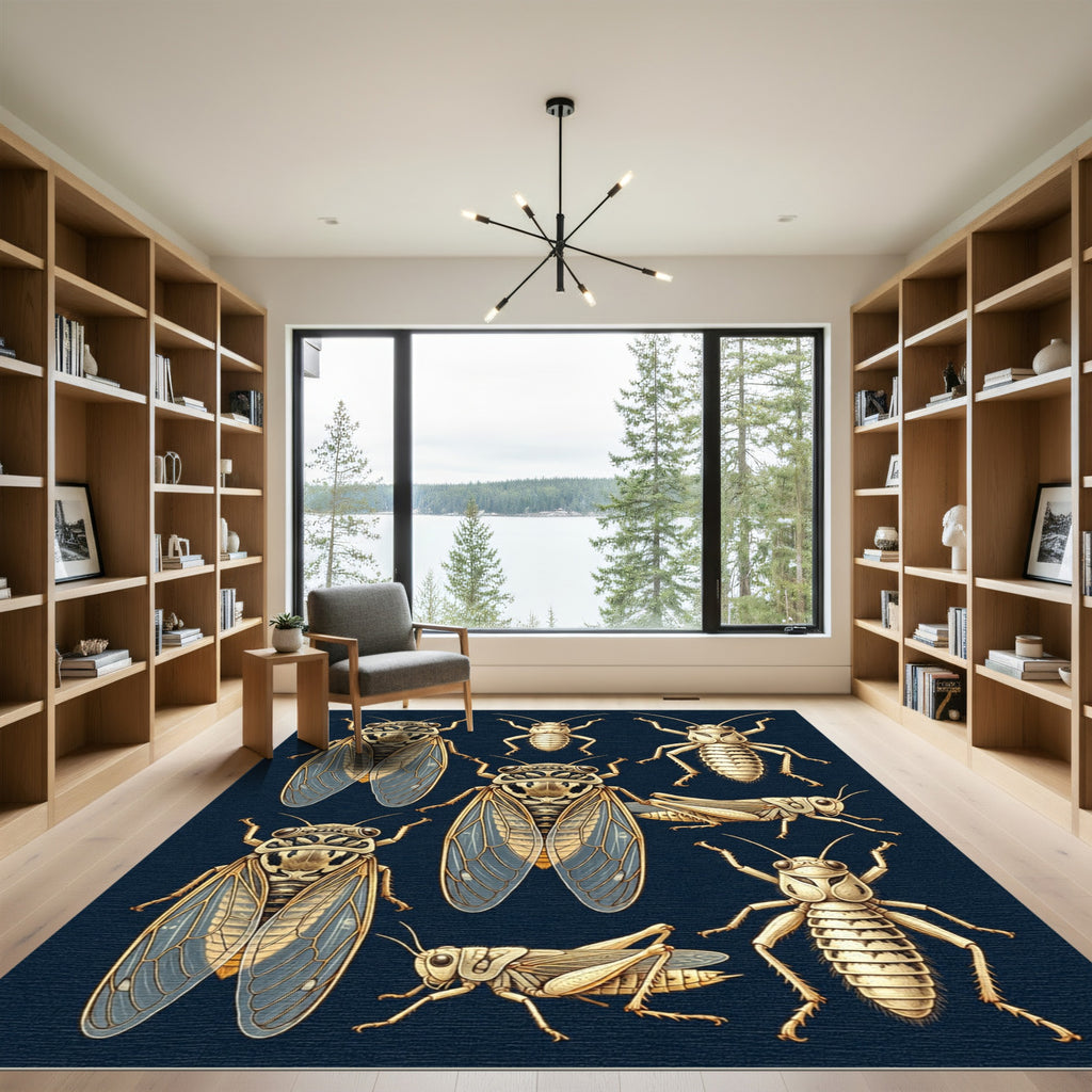 Entomological Cicada Grasshopper Beige Ink Art Rug
