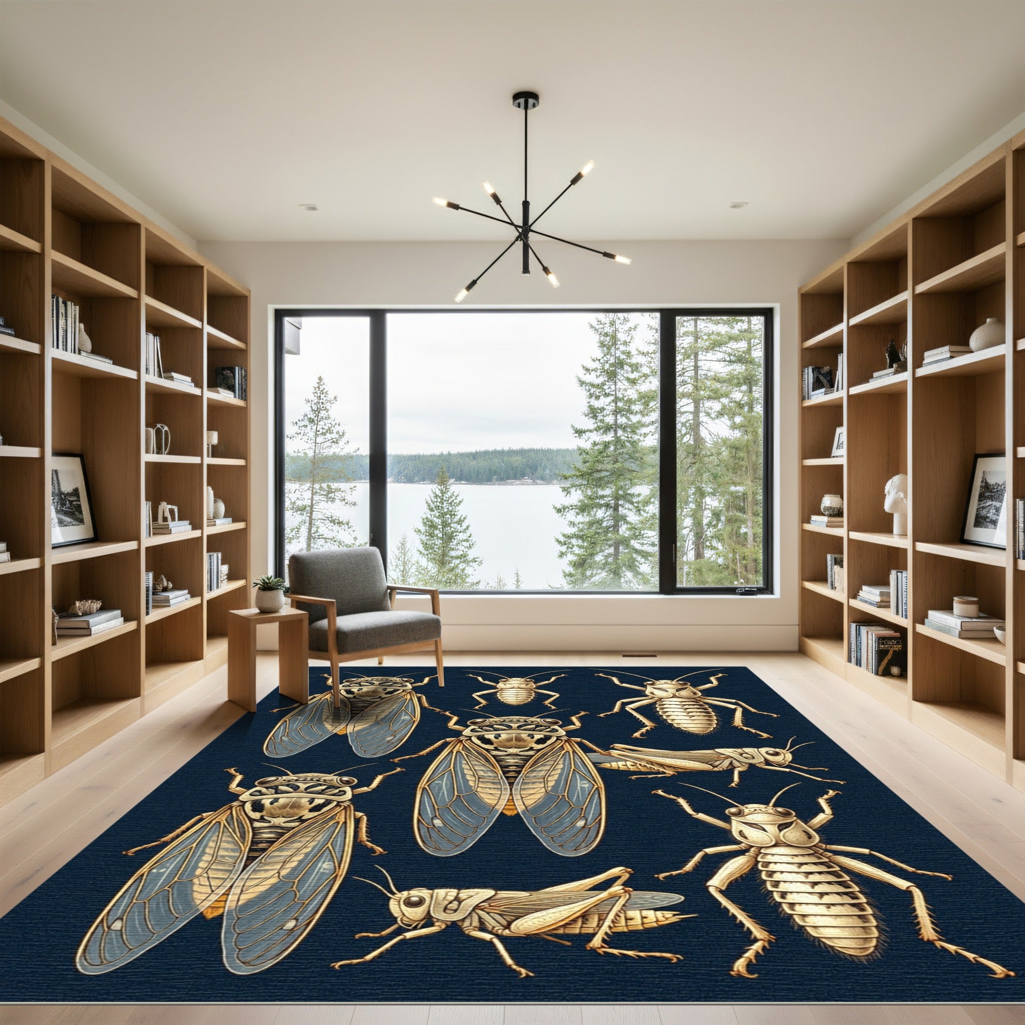 Entomological Cicada Grasshopper Beige Ink Art Rug