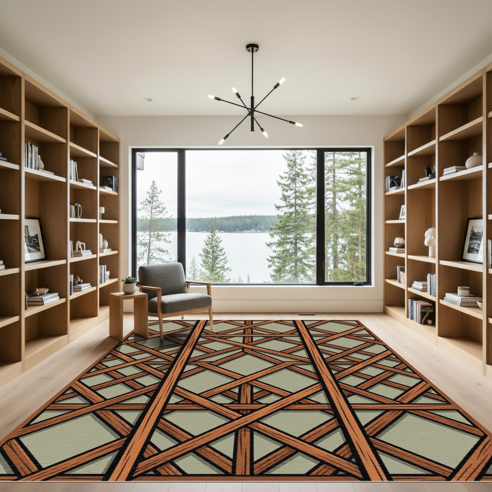 Symmetrical Wood Trestle Lattice Tile Rug
