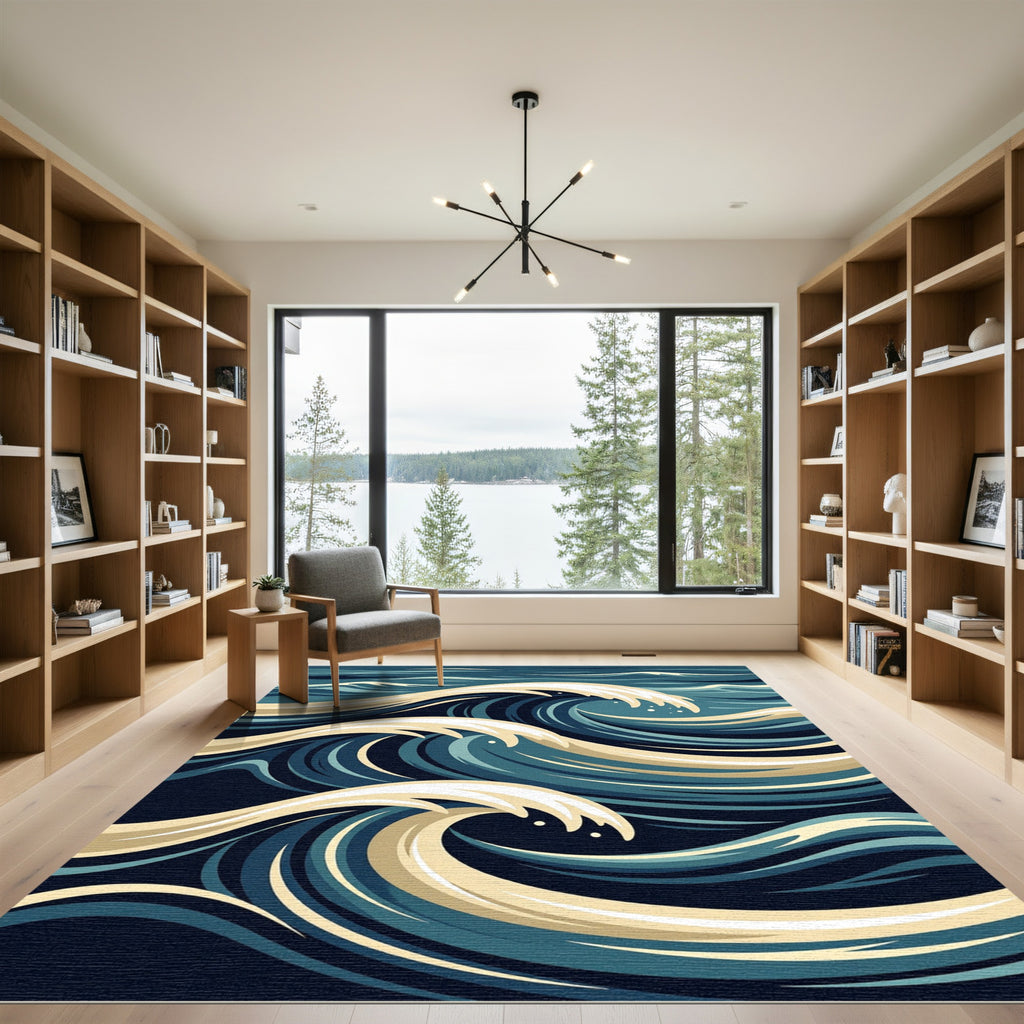 Dynamic Blue Cream Ocean Wave Rug