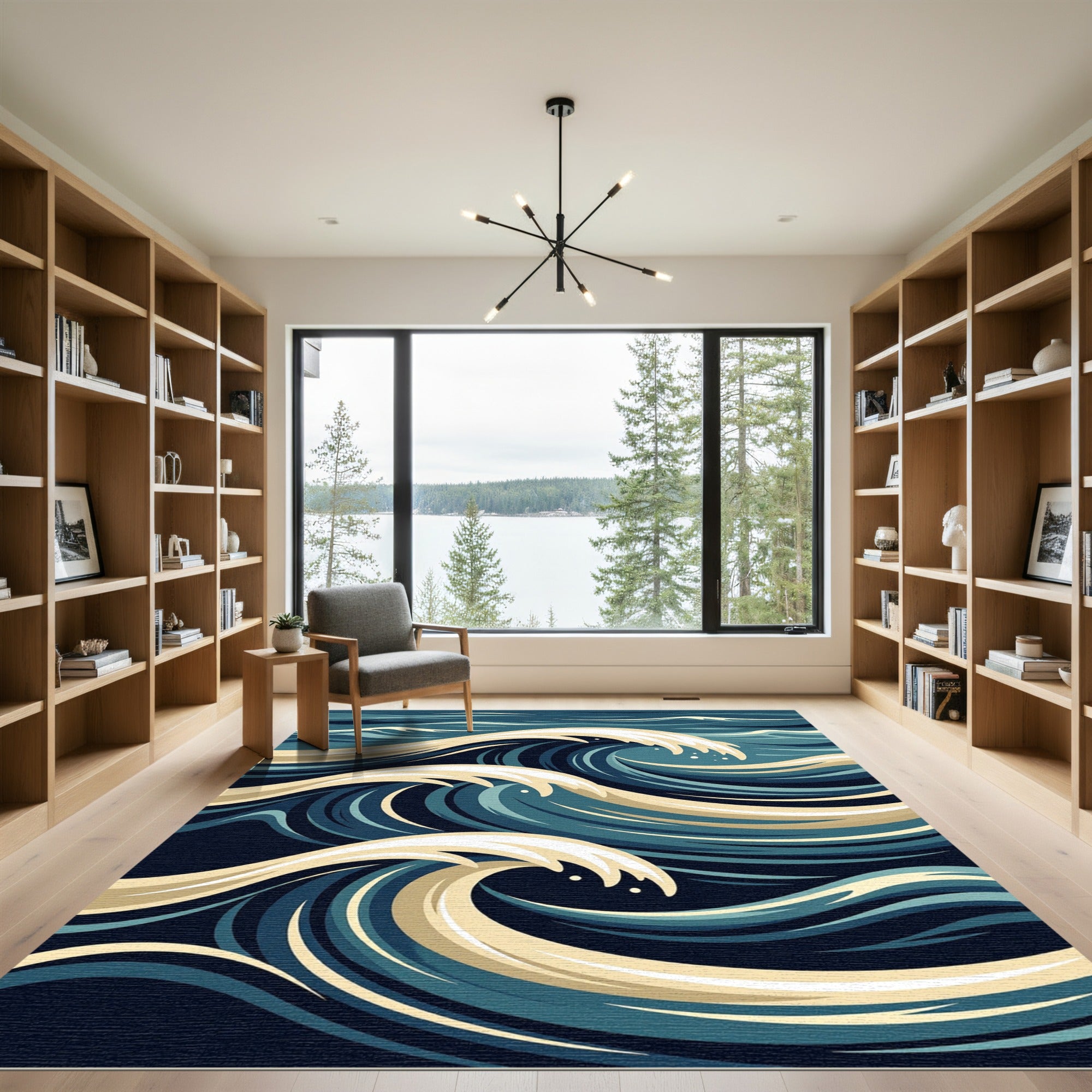 Dynamic Blue Cream Ocean Wave Rug