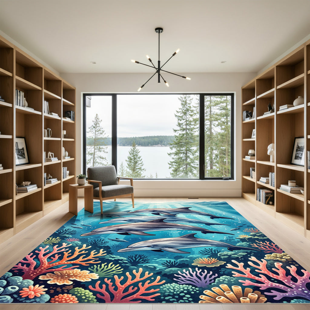 Underwater Dolphin Reef Coral Scene Rug