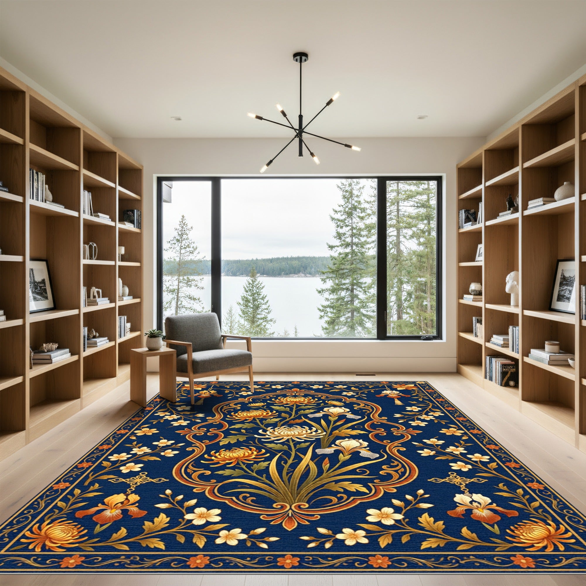 Ornate Gold Chrysanthemum Midnight Floral Rug