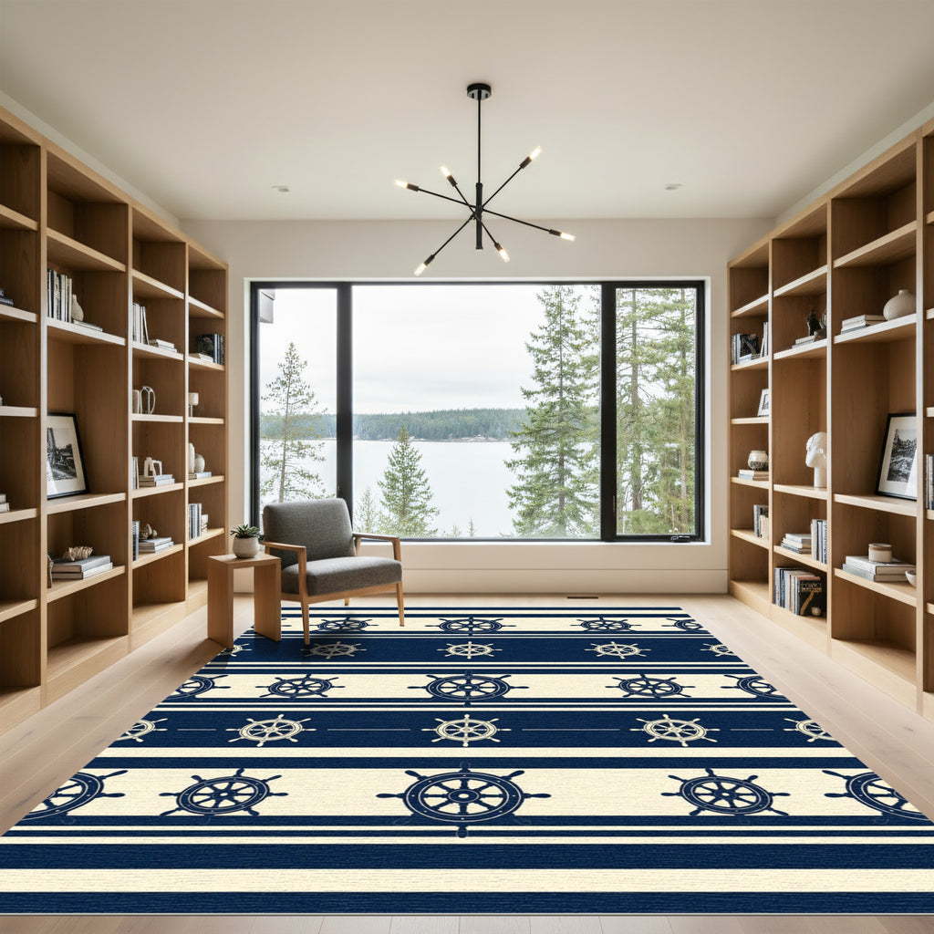 Navy Nautical Ship Wheel Striped Rug