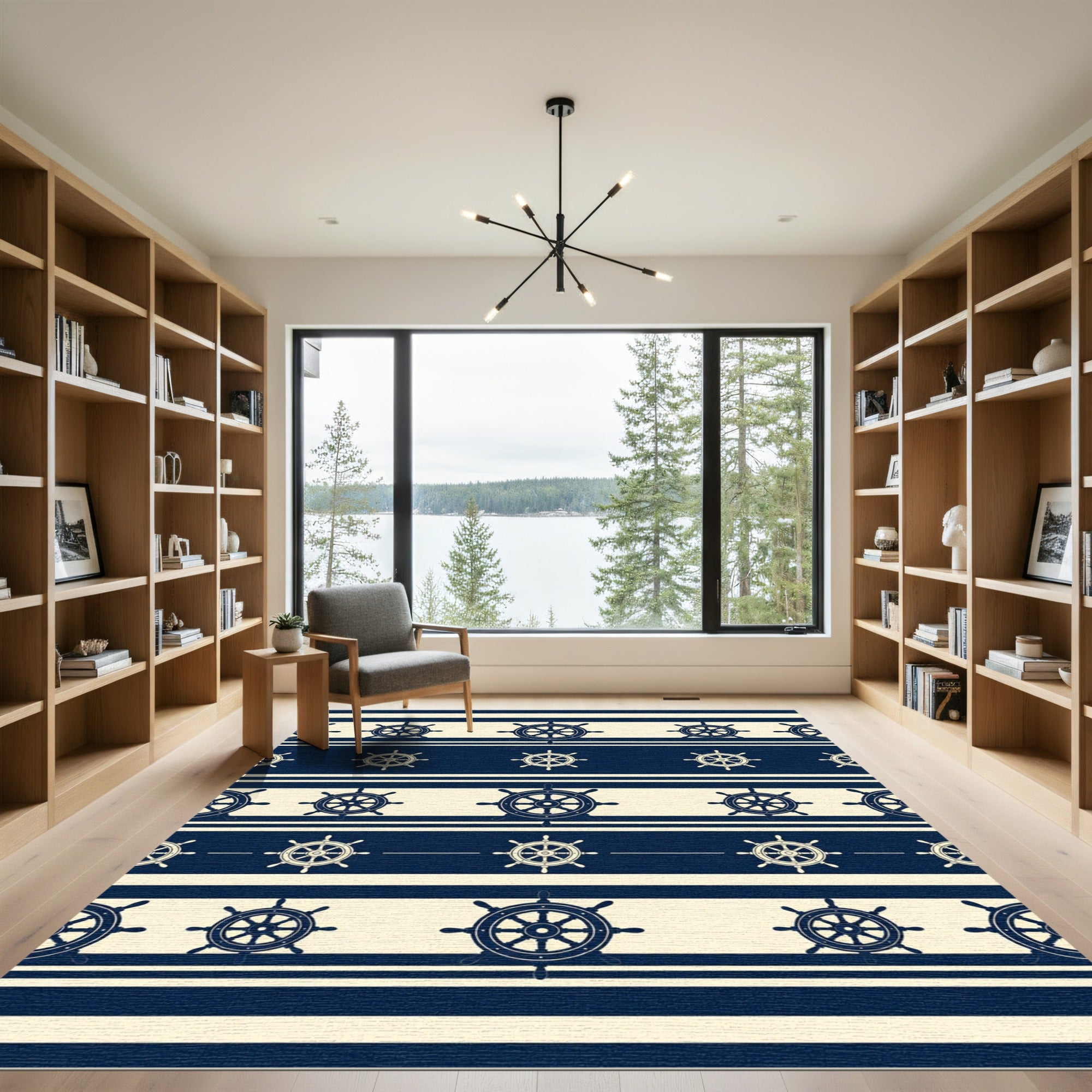 Navy Nautical Ship Wheel Striped Rug