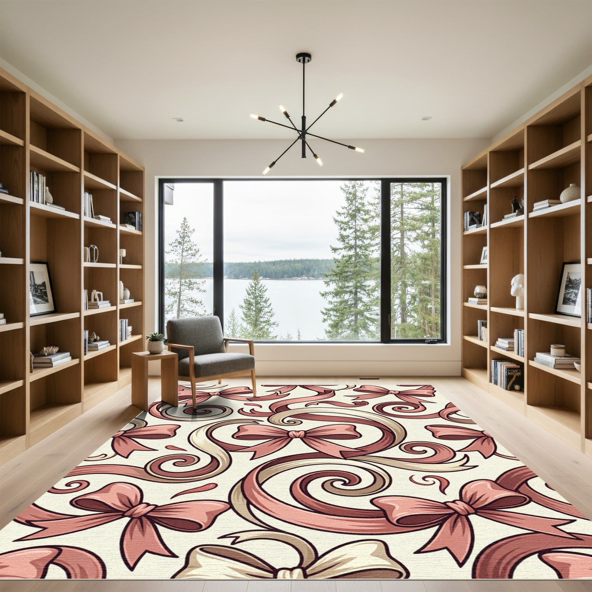 Elegant Dusty Rose Bow Ribbon Swirl Rug