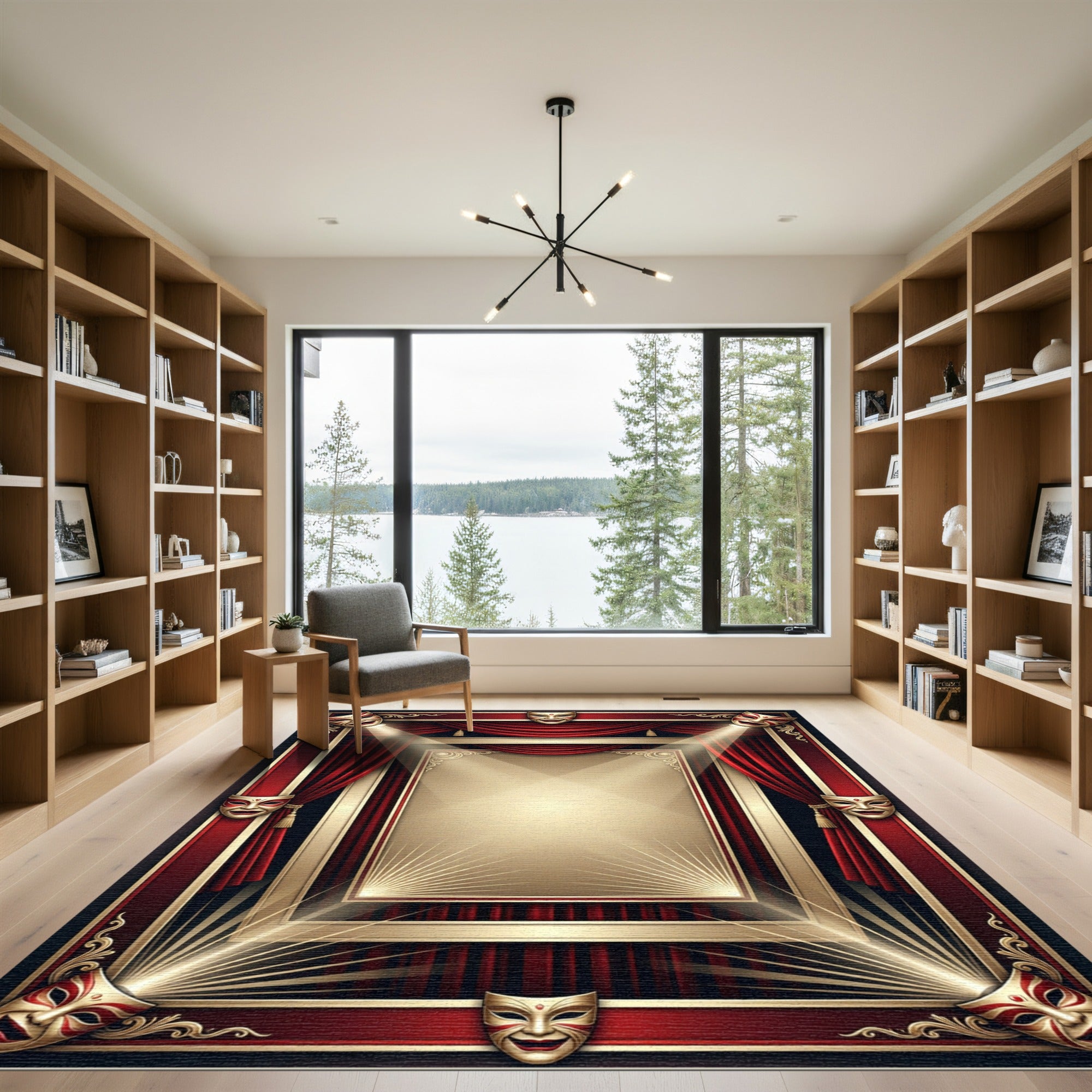 Dramatic Red Theater Mask Gold Frame Rug
