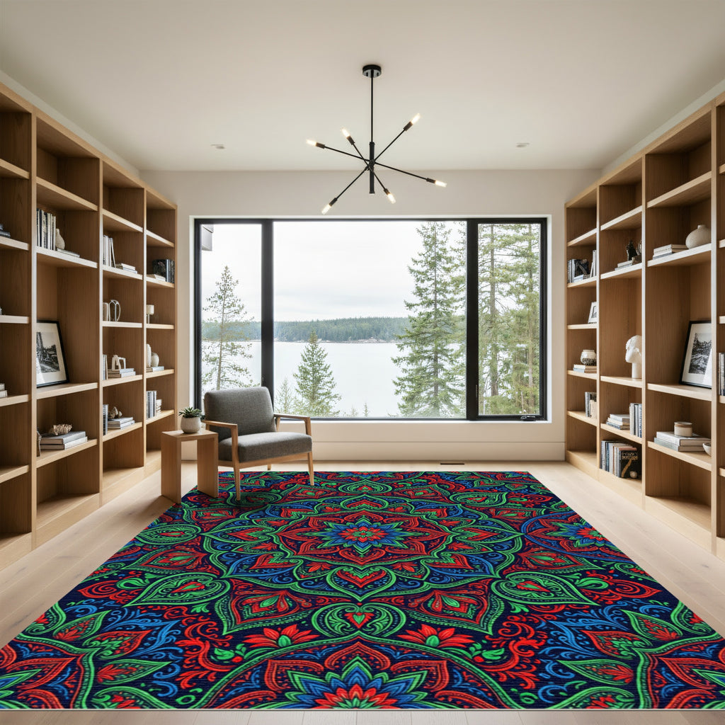 Vibrant Red and Blue Floral Mandala Rug