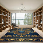 Elegant Navy Royal Gold Floral Medallion Rug