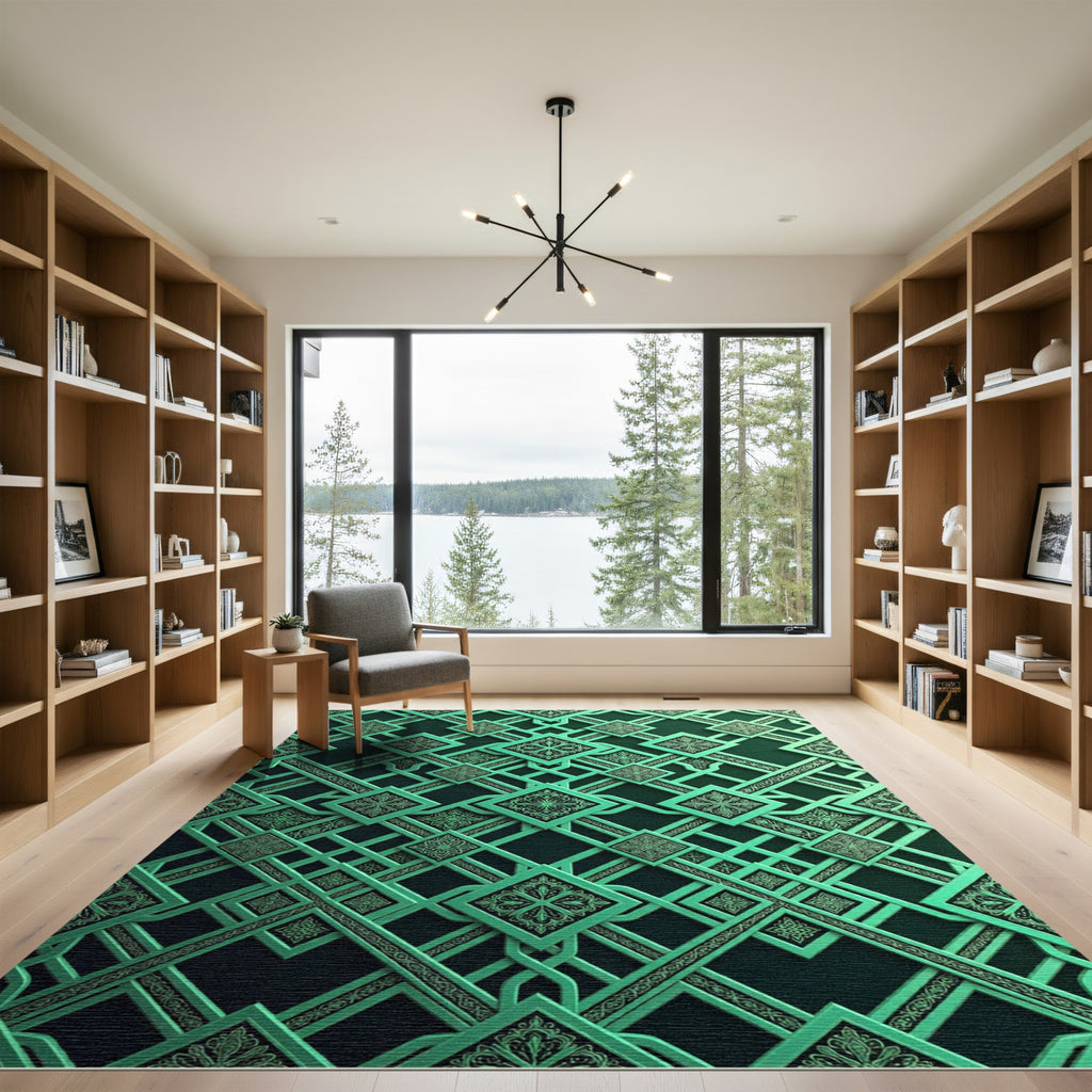 Emerald Geometric Interlaced Lattice Medallion Rug