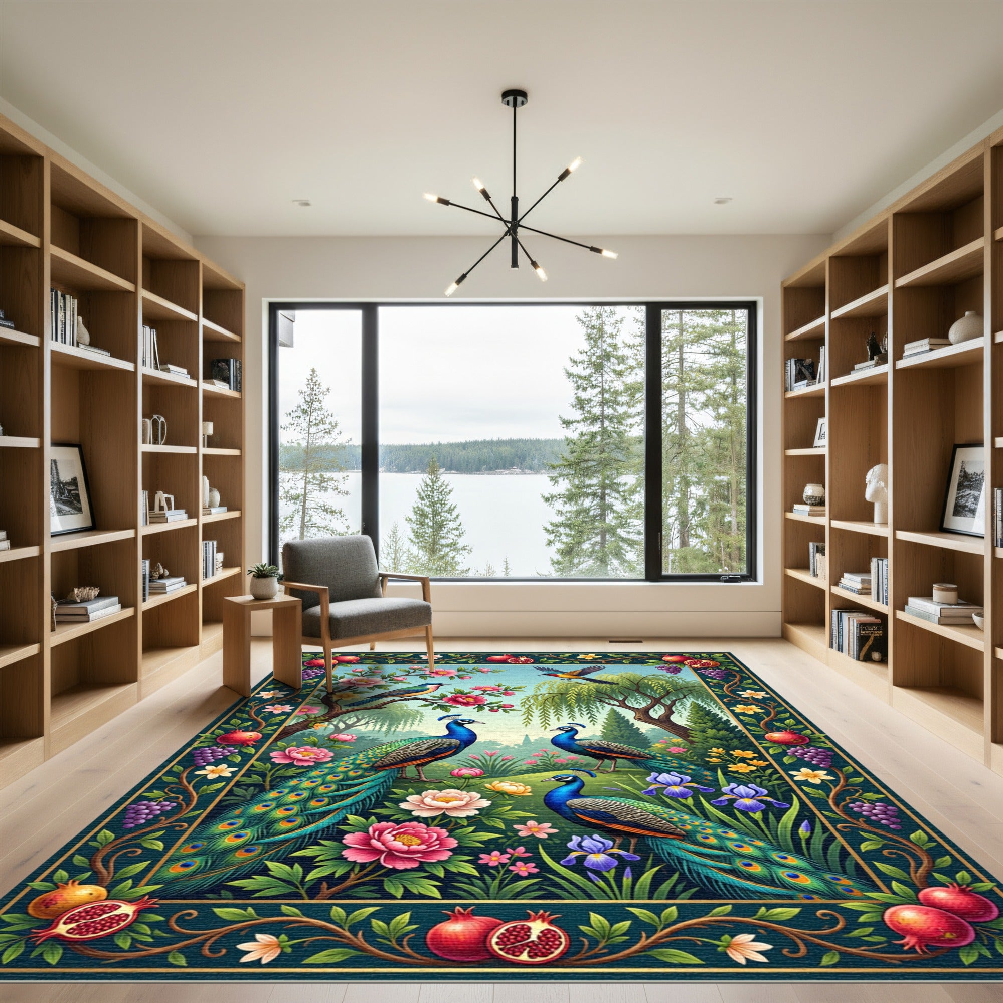 Vibrant Peacock Garden Floral Art Rug