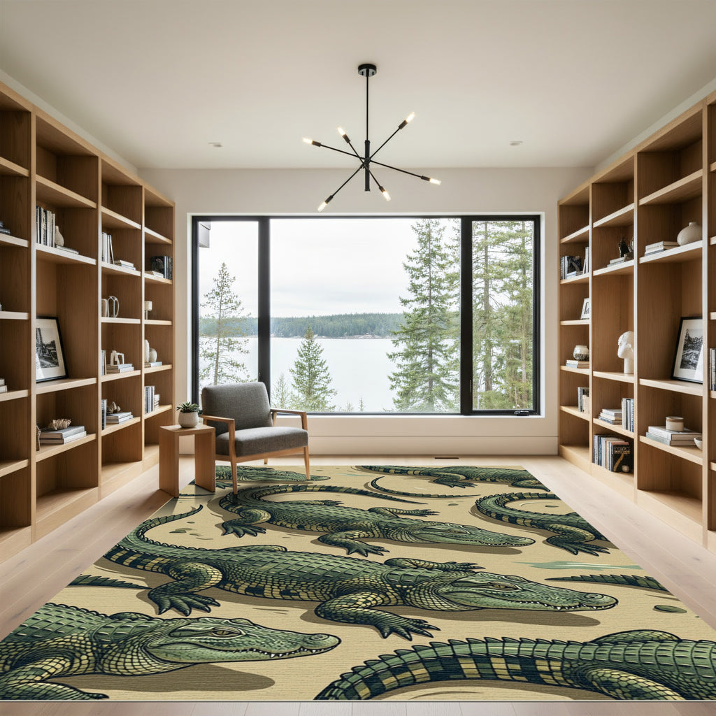 Alligator Reptile Green Safari Illustration Rug