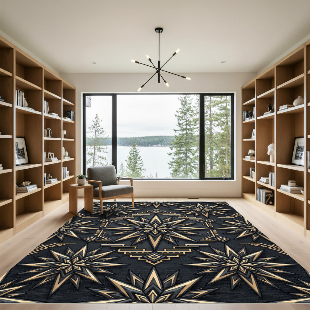 Midnight Gold Geometric Celestial Star Rug