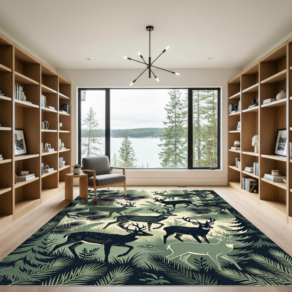 Forest Wildlife Stag Sage Green Meadow Rug