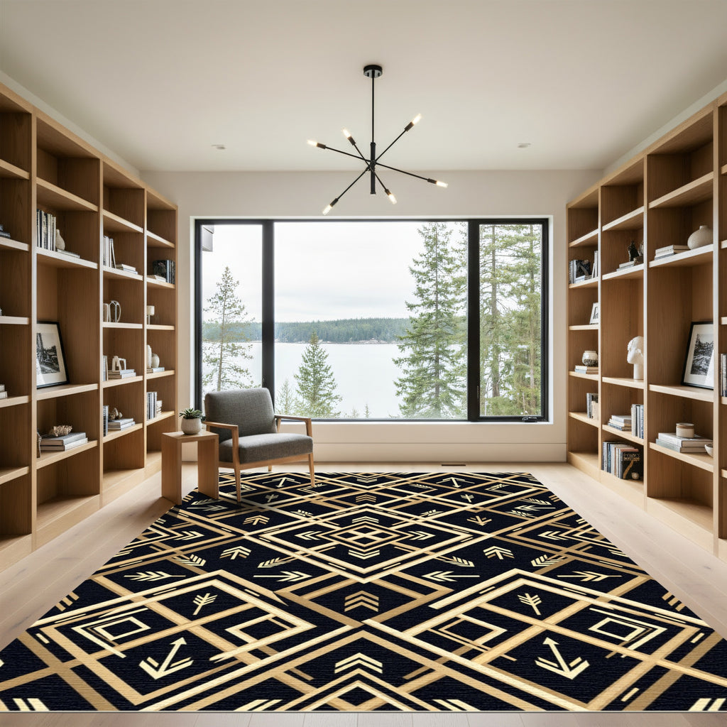 Art Deco Gold Geometric Black Rug