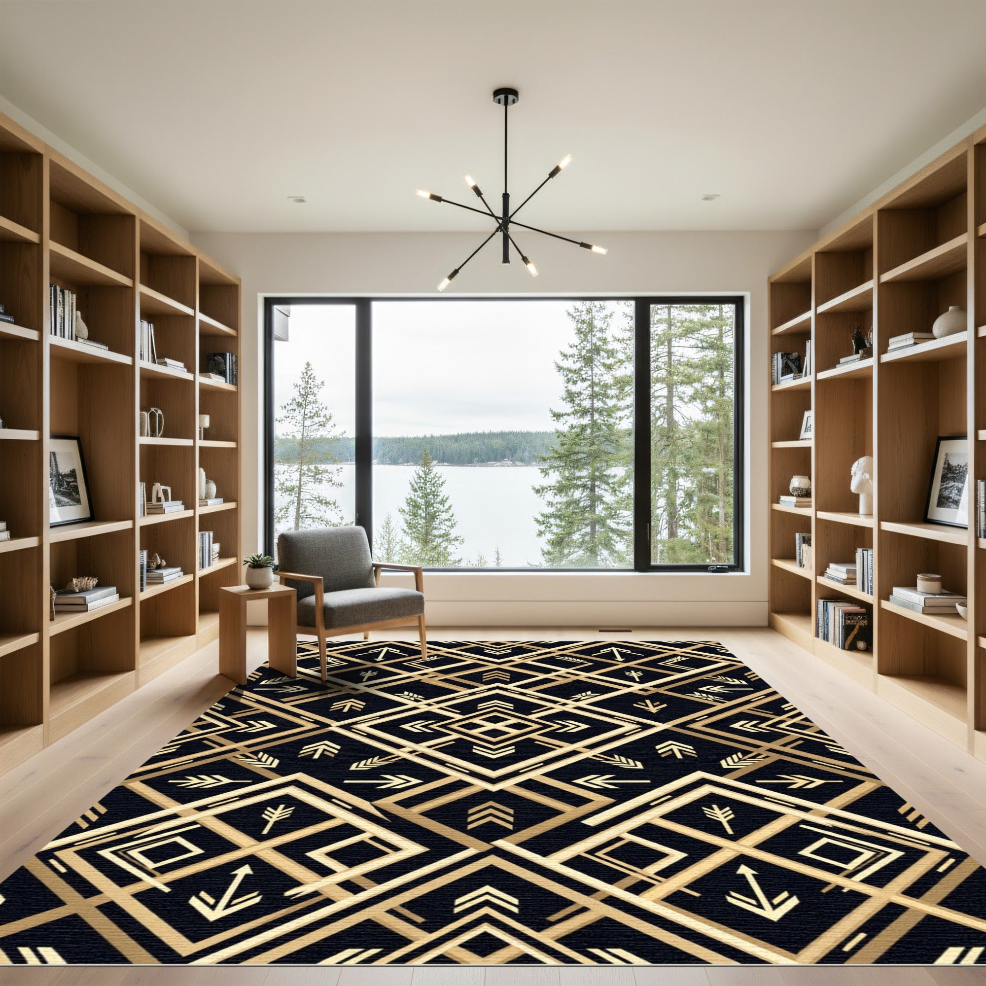 Art Deco Gold Geometric Black Rug