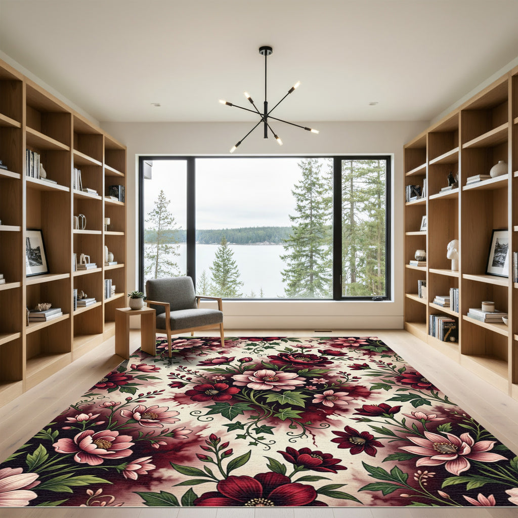 Deep Berry Floral Botanical Arrangement Rug