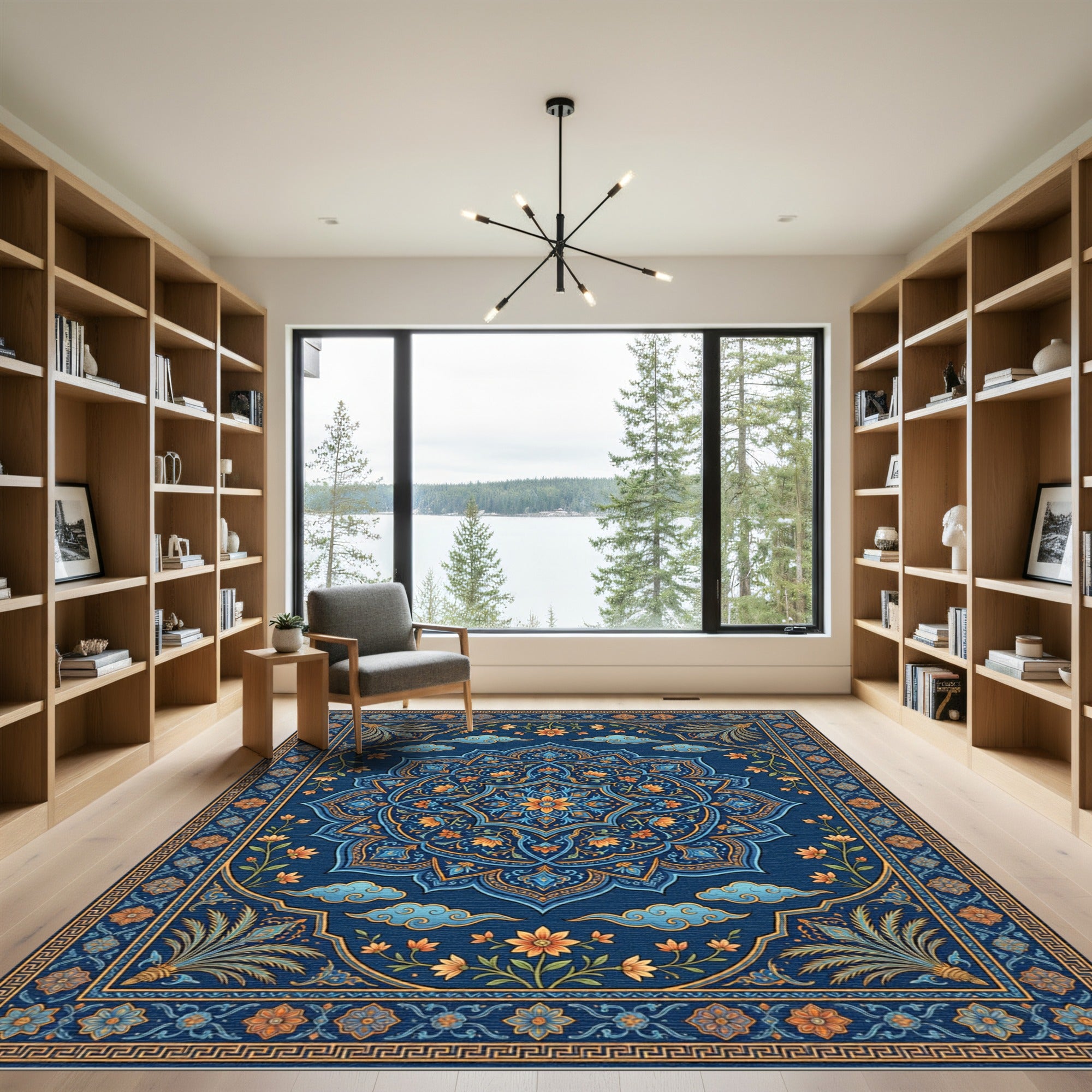 Midnight Blue Golden Floral Medallion Rug
