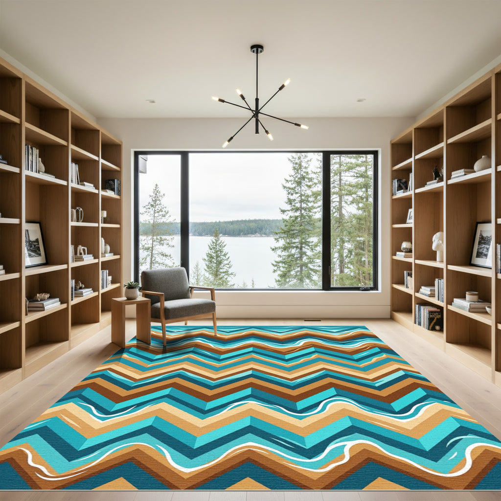 Earthy Blue Geometric Chevron Wave Rug