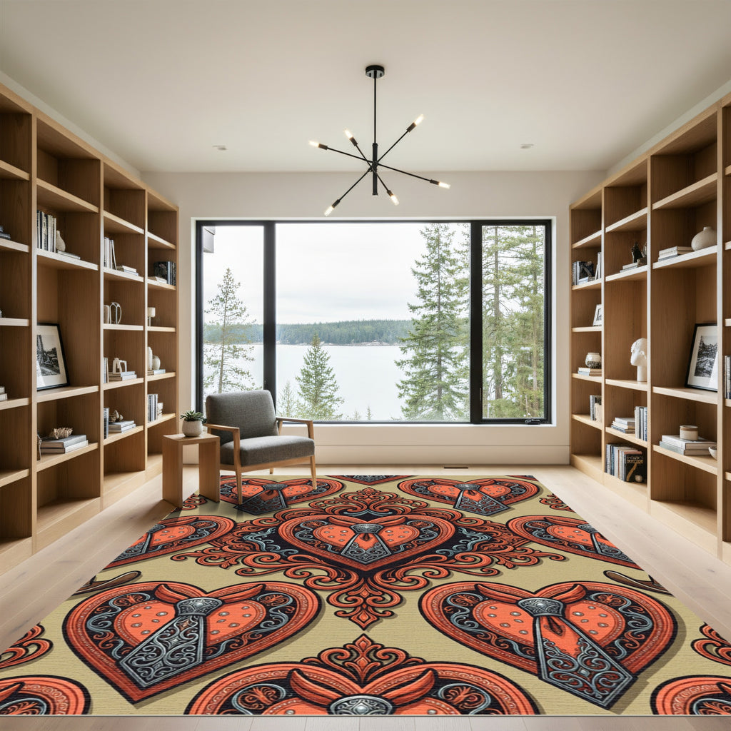 Orange Heart Ornate Scroll Tie Rug