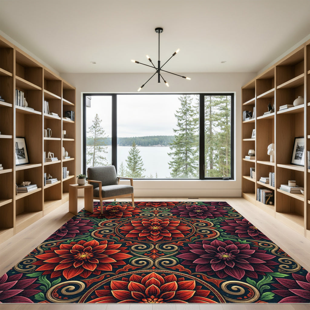 Crimson Burgundy Floral Medallion Arrangement Rug