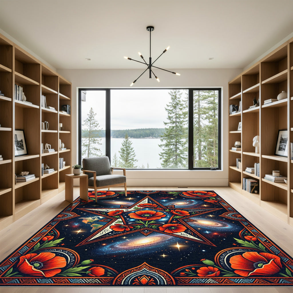 Cosmic Red Poppy Star Mandala Rug