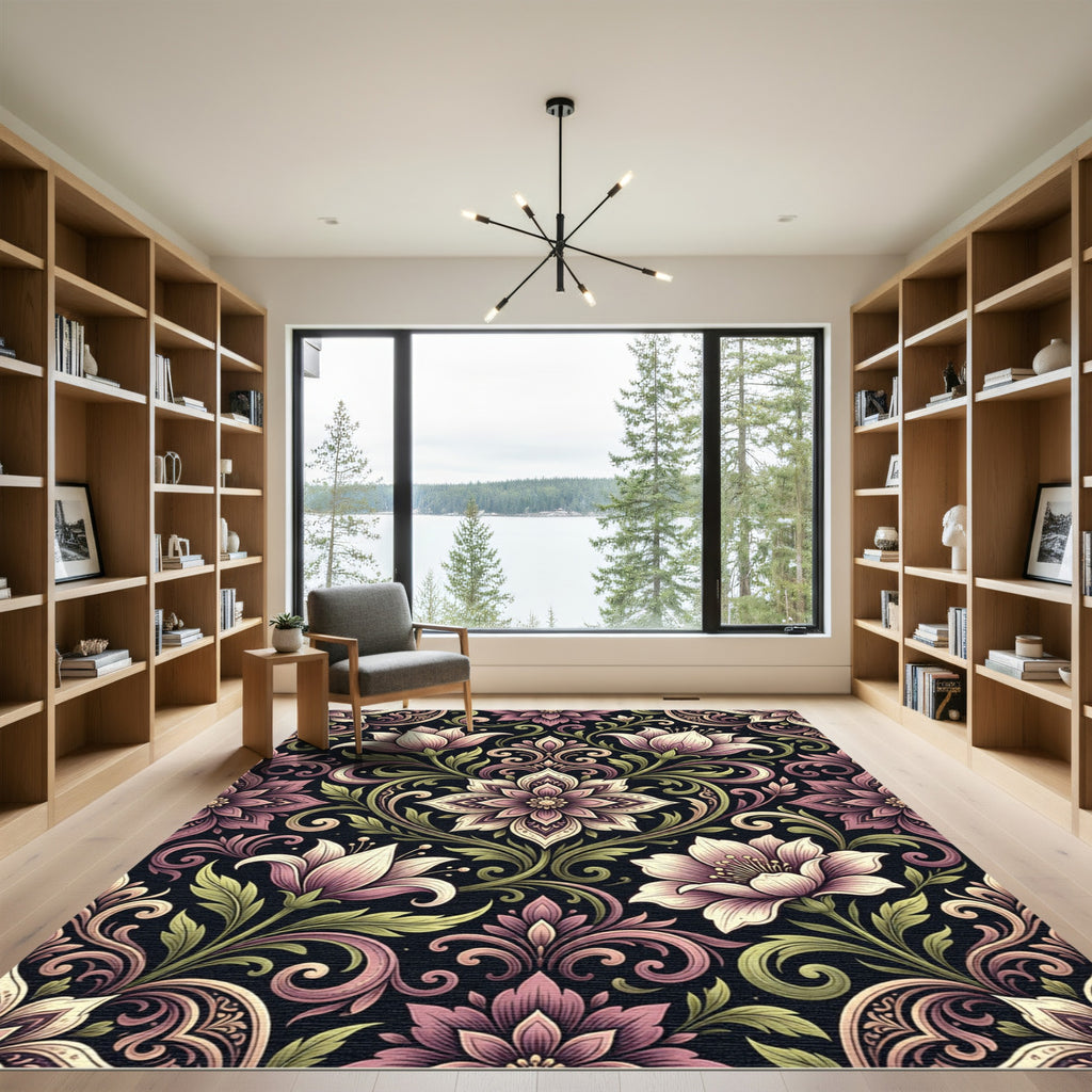 Elegant Mauve Floral Damask Tapestry Rug
